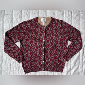 Bahari Group Cherry Red Frame Print Grannycore Crewneck Button-down Cardigan-12